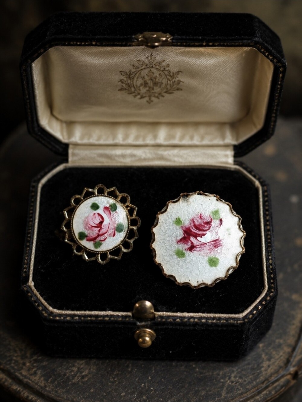 Pair of White Guilloche Enamel Floral Gold Tone Vintage Art Deco Brooch Brooches